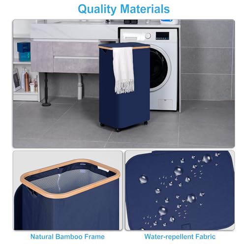 Image of efluky Laundry Basket with Wheels, Tall Rolling Laundry Hamper with Lid and Removable Bag, Aesthetic Dirty Clothes Hamper on Wheels for Laundry Room, Bedroom, Dorm and Bathroom, 100L Blue