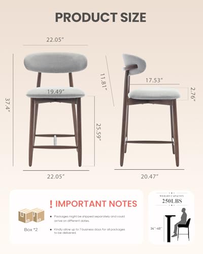 Image of Bar Stools Set of 3, 25.6″ Counter Height Bar Stools with Wood Legs, Upholstered Modern Kitchen Barstools for Kitchen Island Dining Room Bar, Light Grey