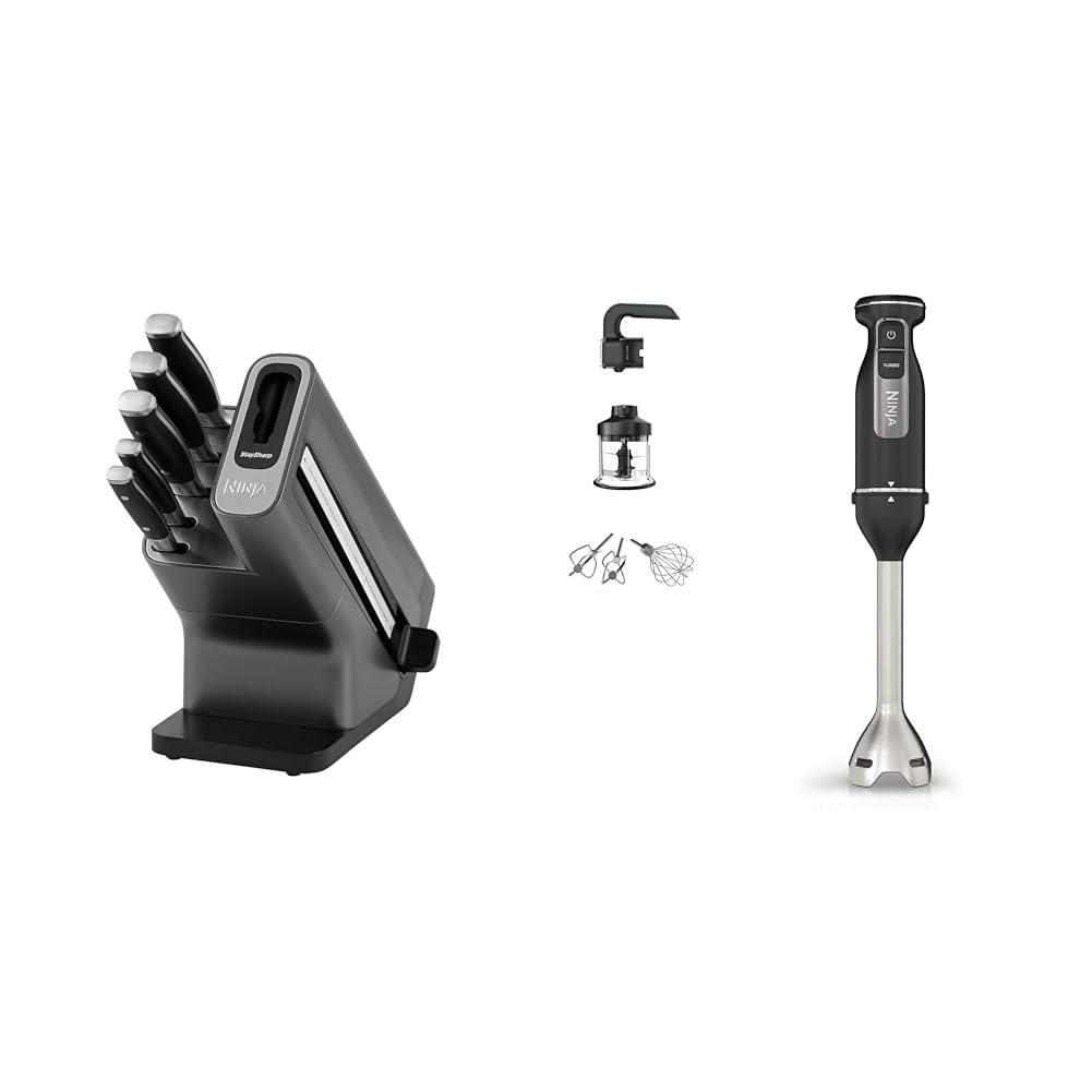 Foodi StaySharp Knife Block with Integrated Sharpener, 5-Piece Knife Set Includes Chef Knife & Ninja Foodi 3-in-1 Hand Blender, Hand Mixer & Chopper, Food Processor