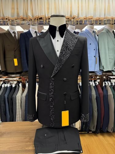 Men's Beads Suit 2 Piece with Rhinestone Slim Fit Peak Lapel Blazer Jacket Pants Set for Prom, Party, Dinner2