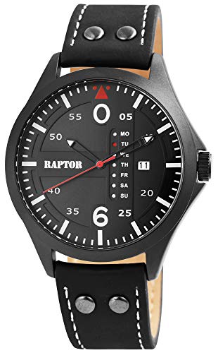 Raptor Herren-Uhr Echt Leder Armband Datum Wochentag Analog Quarz RA20264 (schwarz)