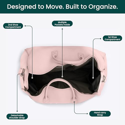 NOBL Travel Fold N Go Duffel Bag, 2-in-1 Convertible Garment Weekender Bag & Suit Carrier, Large Carry On Duffle Bag for Men & Women, Leather Overnight Bag with 2 Shoe Compartments - Pink3