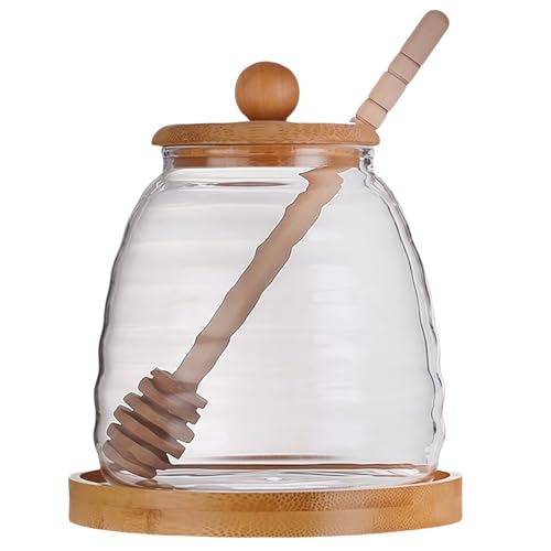 Siocok Glass Honey Pot Honey Jar with Spoon and Lid Glass Honey Equipped with wood Honey Stick And tray, For home kitchens (1, A)