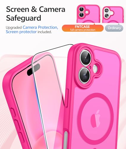 Image of FNTCASE for iPhone 16 Case [Compatible with Magsafe] Translucent Matte Cases with [Screen Protector] Military Grade Shockproof Protective Phone Cover - Hot Pink