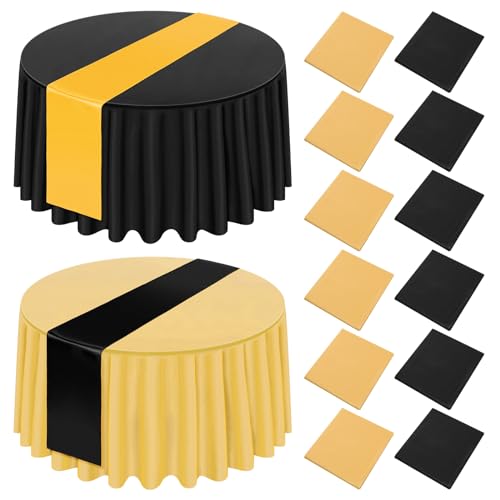 Buryeah 6 Set Black and Gold Round Tablecloth Disposable 84 Inch Round Table Cloths Disposable for Graduation Wedding Birthday Parties Decor Bridal Happy New Year Indoors Outdoors by Buryeah - Used condition - US$17.02