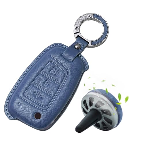 Image of Keyzone Premium Leather Key Cover & AC Vent Car Perfume Combo (4 Fragrances) | Compatible for Hyundai Venue, i20, Kona, Verna 2018 Onwards 3 Button flip Key. (Blue)