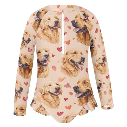 Golden Hair Love Pattern Girls Long Sleeve Swimsuit Rash Guard One Piece Bathing Suits Zipper 3-12T2