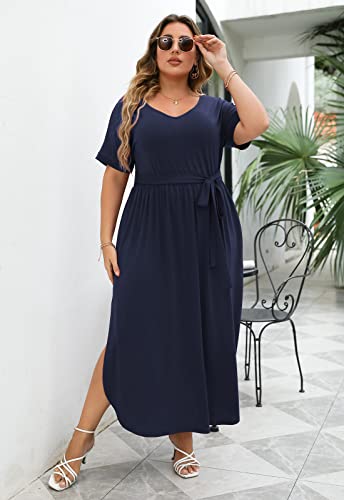 Image of Nemidor Womens Casual Plus Size Tie Waist Slit Long Maxi Dress with Pockets NEM313