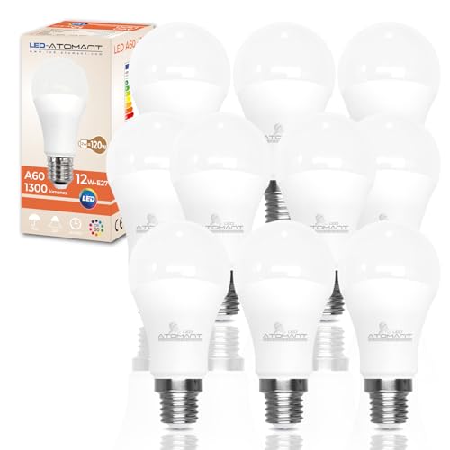 LED ATOMANT Pack 10x Bombilla LED E27 A60 12W, Color Blanco Frio (6500K), 1300 Lumenes, Casquillo grueso, Equivalente a 120W tradicional, No regulable