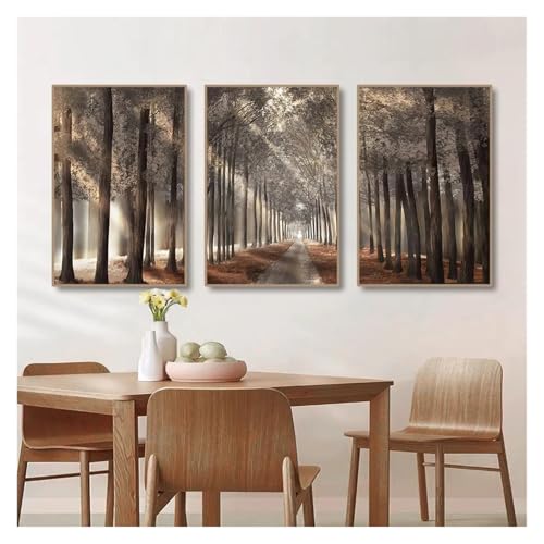 Cuadro sobre lienzo de 3 piezas XENITE con bosque brumoso y sol para decoración (21x30cm) 4