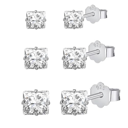 Image of HinDaLi 3 Pairs 925 Sterling Silver Square Stud Earrings for Women Men Girls Sparkly Cubic Zirconia Square Earrings Women Silver Studs Diamond Sleeper Cartilage Hypoallergenic