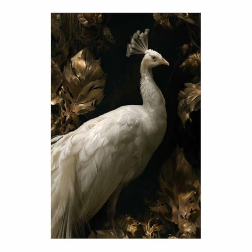 Peinture sur toile paon élégant : une œuvre d'art mural raffinée or et tons foncés