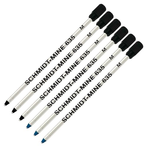 Schmidt 635 D1 Mine Ballpoint Refill - Blue, Black Ink - Medium Tip 0.7mm - Pack of 6 (with Plastic End Cap)