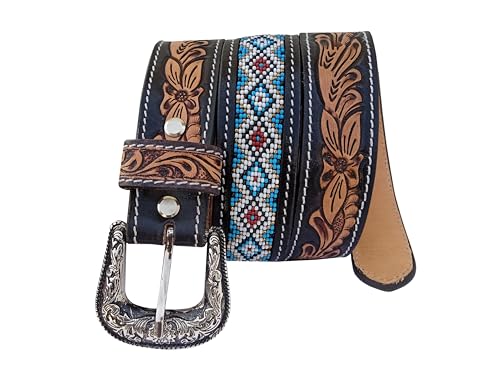 Western Beaded Belts For Young Adults Tooled Leather Heavy Duty Kids Beaded Belt 40IS1073