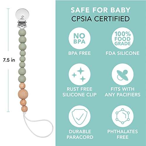 Image of Colour Block Pacifier Clip - Food-Grade Silicone Soother Holder & Teether Strap - Secure, Non-Toxic Binky Clip for Babies - Durable, Stylish, and Easy to Clean - Unisex Baby Accessory - Sage