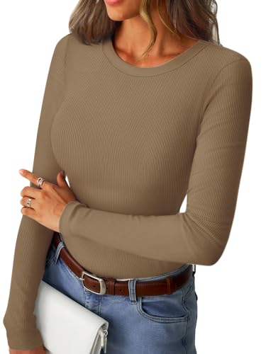 GKBK Ribbed Long Sleeve Shirts for Women Fitted Basic Tight T-Shirts Crewneck Cute Layering Tops Lightweight Fall Sweaters 2026 Fashion Clothes Outfits Light Khaki