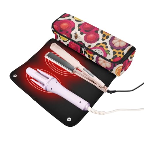 Organizador 2 en 1 para herramientas de cabello con almohadilla resistente al calor, accesorios de peinado removibles para planchas, rizadores, secadores, estuche de viaje con diseño estampado de fruta tropical y leopardo miniatura 2