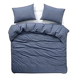 Wake In Cloud - Denim Blue Duvet Cover Set, 100% Washed Cotton Yarn Dyed Plain Solid Color, Comfy Bedding with Zipper Closure Corner Ties (3pcs, Twin Size)