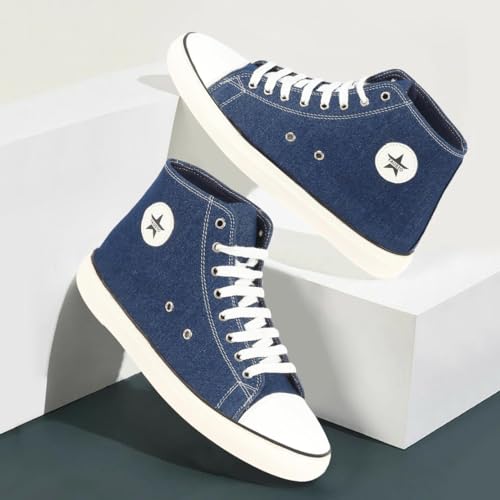 Image of FAUSTO Men's Mid Top Star Toe Cap Upper Denim 8-Eye Lace Up Canvas Sneakers Shoes