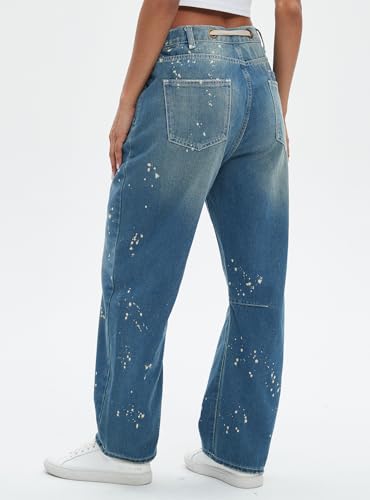 Ladyful Women's Wide Leg Baggy Jeans Drawstring Elastic Mid Rise Denim Pants Vintage Distressed Jeans3