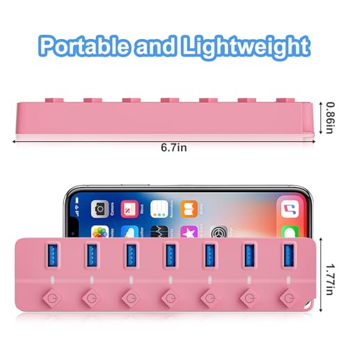 Image of USB Hub 7 Port, USB Splitter with Individual On /Off Switches and Lights | USB 3.0 Hub with 3.3ft Cable, Extender for A Port Laptop, PC, Desktop-Pink