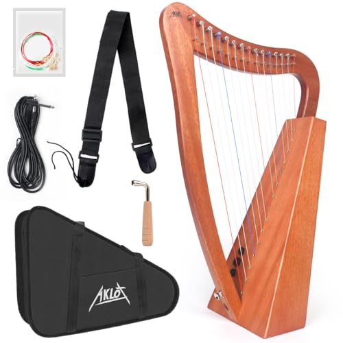 Harp, AKLOT 15 Strings Mahogany Lyer Harp 22 inch Height with Electric box，Spare Strings, Tuning Wrench, Black Bag and Strap, Lyre Kit Gift for Adult Professional Beginner