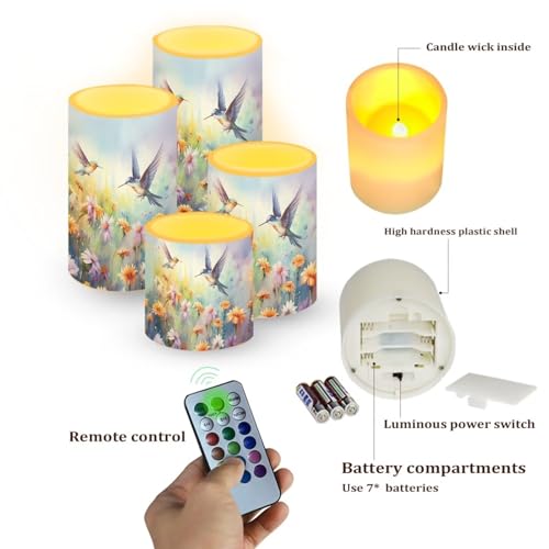 Image of Flameless Candles Battery Powered LED Candles with Remote Timer Color Changing Control Long Lasting for Indoor Outdoor Home Decoration Set of 4, Hummingbird Daisy Purple