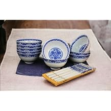 10 Pc Fine Porcelain Blue and White Rice Pattern Bowl Set, with Free 10 Pairs of Porcelain Chopsticks Jingdezhen, Soup Fruit Cereal Bowl