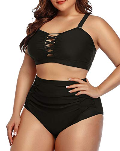 Daci Women Black Plus Size Bikini High Waisted Swimsuit Ruched Lace Up Two Piece Bathing Suit 18W
