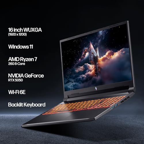Nitro V 16" WUXGA Gaming Laptop, AMD Ryzen 7 260 8-Core, NVIDIA GeForce RTX 5050, WUXGA 180Hz IPS, 32GB RAM, 1TB SSD, WiFi 6, Backlit Keyboard, PDG HDMI Cable, US Version KB, Windows 11 - Notebook - Immagine 1
