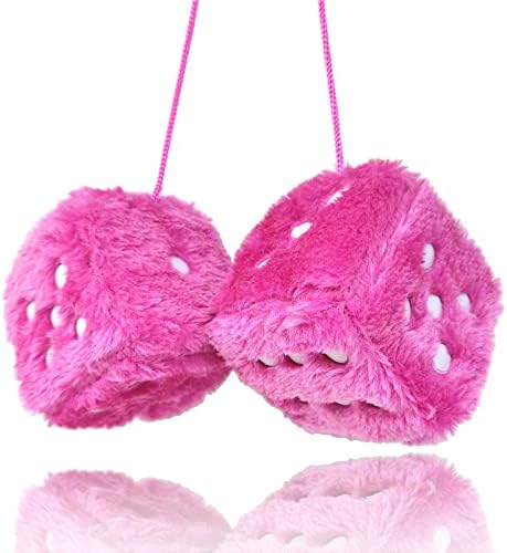 Fuzzy Plush Dice for Car Mirror, Pair of Retro 3” Pink Dice with White Dots for Car Interior Hanging Ornament Decoration