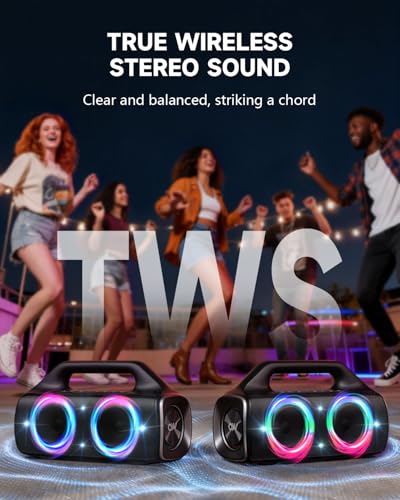 Image of IP67 Waterproof Bluetooth Speaker:80W(Peak) Loud Outdoor Portable Wireless Party Speakers with LED Lights,20H Playtime,Bluetooth 5.3,Deep Bass & TWS for Pool,Beach (Black)