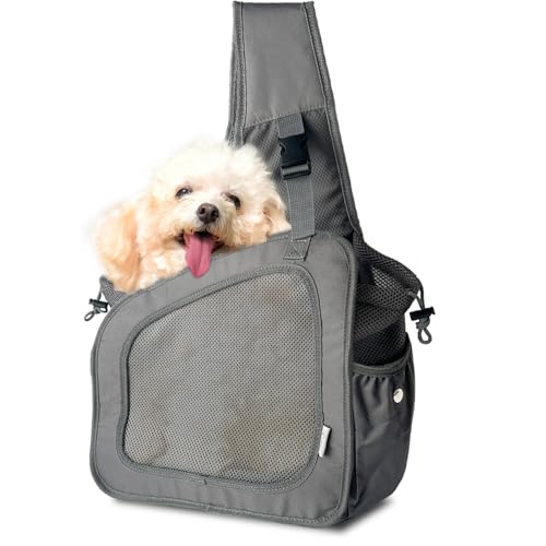 dot. ペット スリング 抱っこ紐 小型犬 猫 5kg未満 キャリーバッグ 斜めがけ バッグ キャリー 軽量 コンパクト 抱っこ ポケット 飛び出し防止 リード 2wayマット リップストップ お散歩 犬用 猫用 (グレー, Msize)