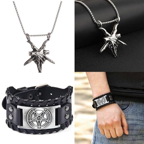 2Pcs Gothic Inverted Pentagram Jewelry, Satanic Leather Cuff Bracelet & Demon Baphomet Pendant Necklace, Satan Goat Head Jewelry Gift for Men2