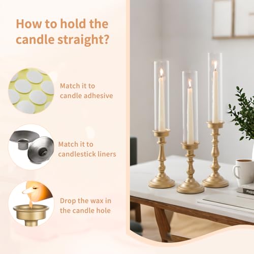 NUPTIO Hurricane Candle Holder for Centerpiece: Set of 3 Gold Candlestick Holders with Glass Shade - Vintage Taper Candleholder for Christmas Dining Table Fireplace Mantle Decor by NUPTIO - Image 5