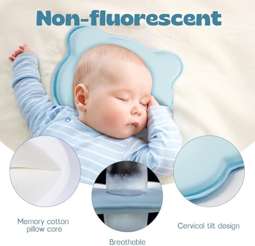 Baby pillow in use, supporting infant head shape