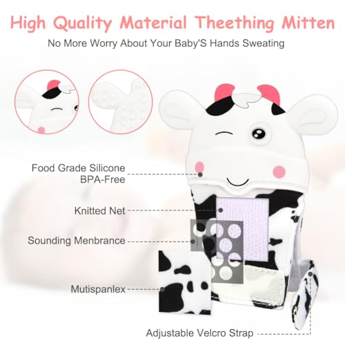 Image of 2Pack Silicone Teething Mitt, Cow Baby Teething Toy for 0-6 6-12 Months, Food Grade Silicone Infant Teething Mitten, BPA-Free Baby Chew Toys for Pain Relief, Sucking Needs