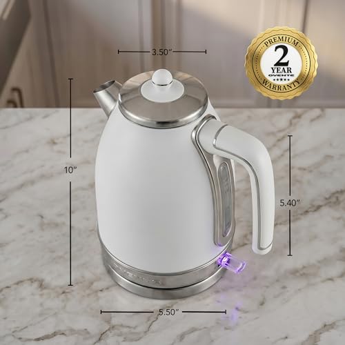 Image of OVENTE 1.7L Stainless Steel Electric Kettle, 1500W Power, White KS777W | Fast Boiling Heater, BPA Free, Cordless Body Design, Auto Shut-Off, Boil-Dry Protection, Indicator Light and Removable Filter