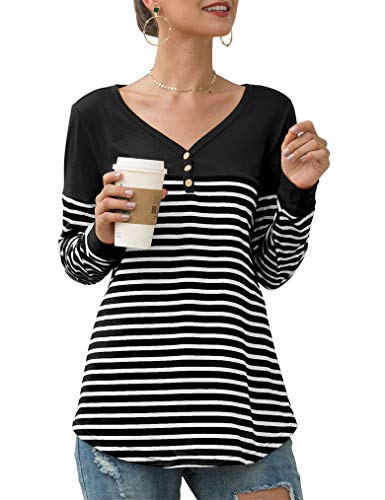 Qearal Womens Casual Long Sleeve Color Block Striped T Shirt Tunic Tops S Black S Black