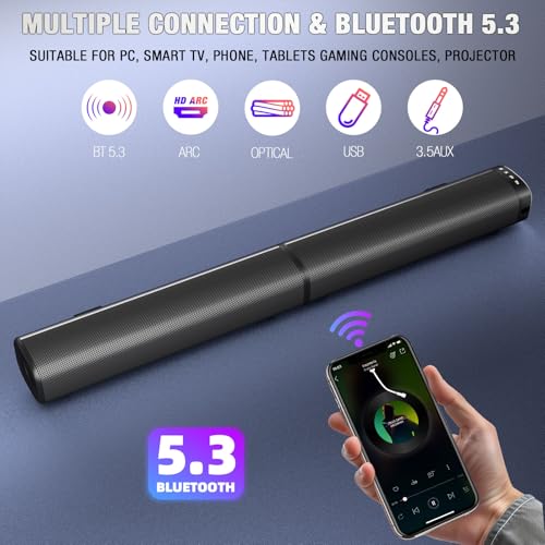 Puriom Sound Bar for Smart TV, 100W Sound Bar with Bluetooth 5.3/ARC/Opt/AUX Connect, 2-in-1 Detachable Home Soundbar, Home Theater Speaker & Bass Effect, for TV/PC/Projectors by Puriom - Image 2