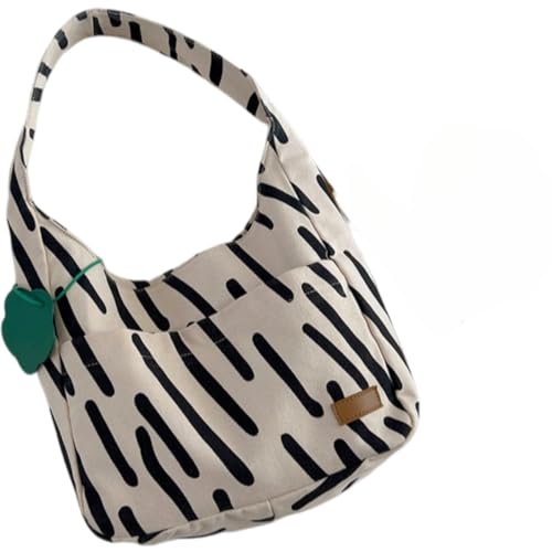 HGYEDA Zebra Stripe Canvas Tote Shoulder Bag Large Capacity with Cute Cloud Charm Pins and Accessories, beige