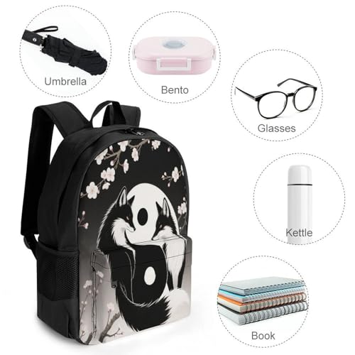 Supdreamc Shoulder Book Bags Anti-Theft Multipurpose Big Capacity Bookbag - Black And White Wolf Yin Yang Cherry Flowers Art Travel Hiking Backpack With Smooth Zippers4