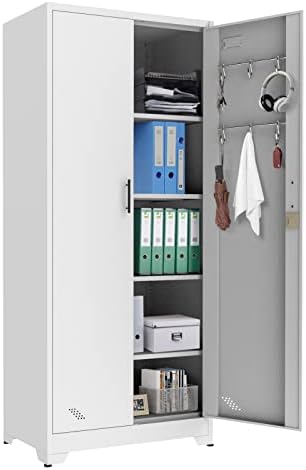 Lecut Metal Garage Storage Cabinet with Locking Doors and 4 Shelves Tool Kitchen Tall Lockable Storage Cabinets with Adjustable Legs and Keys for Warehouse Basement Home Office File (72.8" H White)