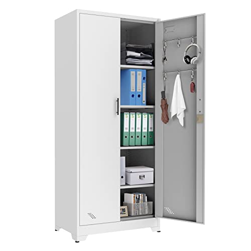 Lecut Metal Garage Storage Cabinet With Locking Doors And 4 Shelves Tool Kitchen Tall Lockable Storage Cabinets With Adjustable Legs And Keys For Warehouse Basement Home Office File (72.8" H White) #TOP20