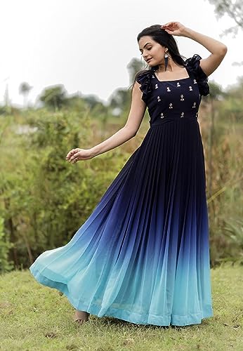 Image of LAZZLY Women's Georgette Ankle Length Dual Shaded Flared Embroidered Gown