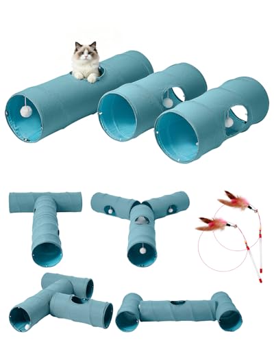 Image of Cat Tunnel, 3 Straight Shaped Tunnels 6 DIY Shapes with Wand Toys, No Noise Scratch Resistant Cool Linen Fabric, Interactive Pet Tunnel Tube for Indoor Cats, Puppy and Rabbits