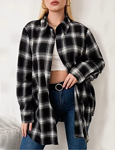 Image of HangNiFang Womens Flannel Plaid Shirts Oversized Button Shirts Blouse Tops