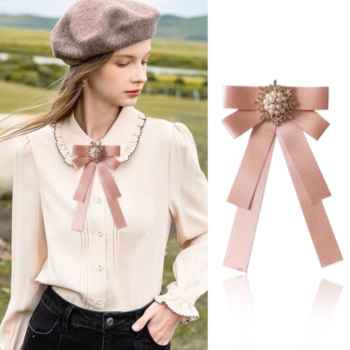 Image of Women Elegant Pearl Ribbon Bow tie Brooches Pin Jewelry Pre-Tied Collar Neck Tie Clip for Lady Girls Wedding Party