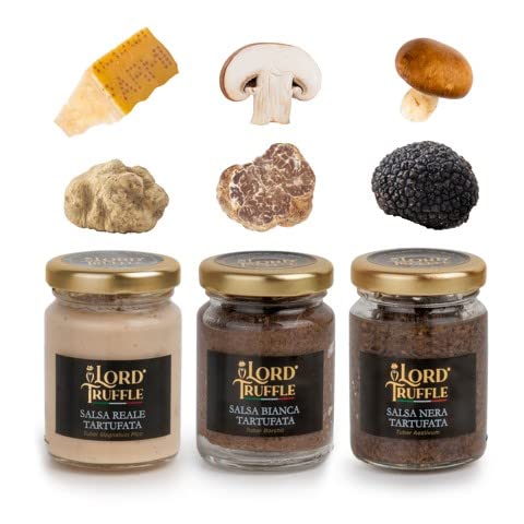 Lord Truffle | Trio de sauces à la truffe, 3 paquets de 80g, 1 sauce à la truffe blanche 80g, 1 sauce à la truffe noire fraîche 80g et 1 sauce à la truffe Bianchetto 80g, qualité 100% italienne