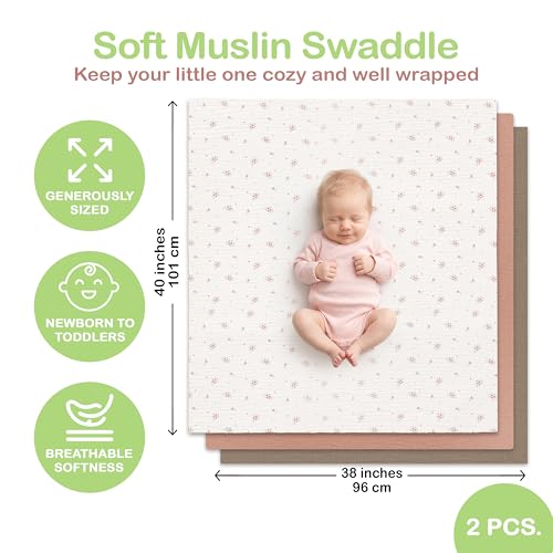 Image of Organic Muslin Baby Blanket 3-Pack Olive, Cinnamon & Wildflower, 38x40 Inch 100% Organic Cotton Oeko-TEX Certified Ultra-Soft Swaddle Blankets for Newborn, Baby Girl Shower Gift Set